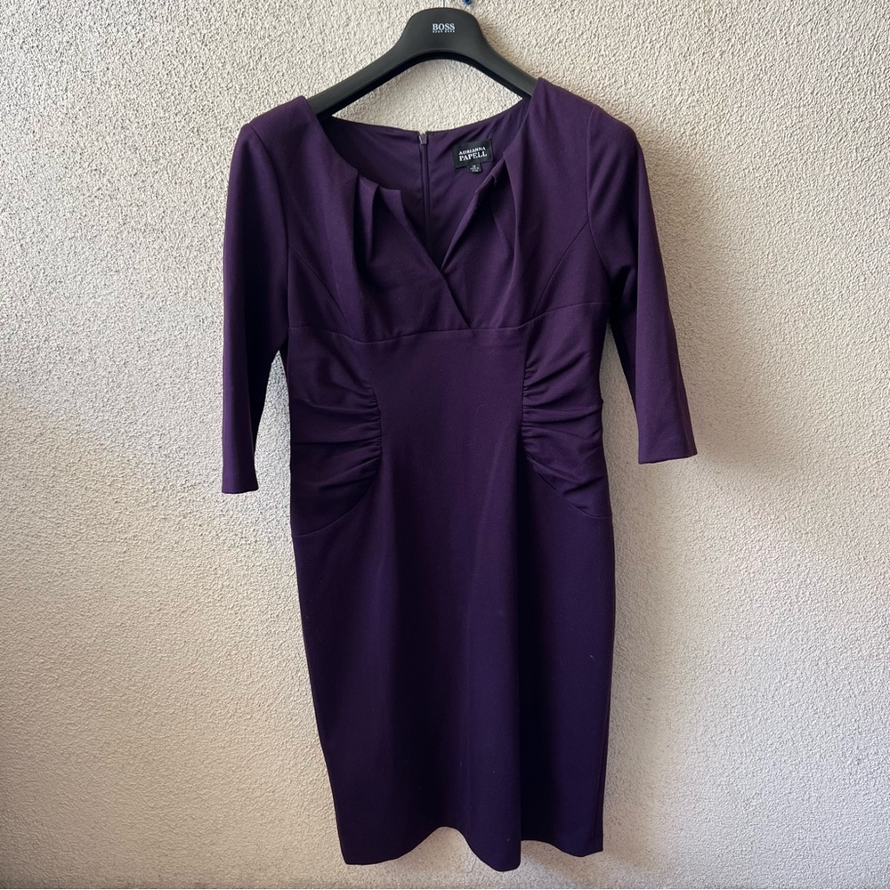 Adrianna Papell Purple V Neck Ruched 3/4 Sleeve Womens Bodycon Mini Dress 14
